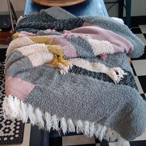 Rachel Roy Pink, Gray, Yellow, Off White and Black Textured Boho Throw Blanket